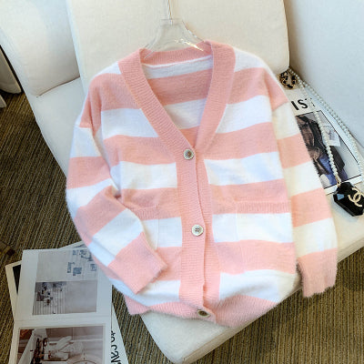 New Autumn Korean Style Striped Faux Mink Fleece Coat Knitwear