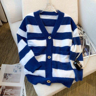 New Autumn Korean Style Striped Faux Mink Fleece Coat Knitwear