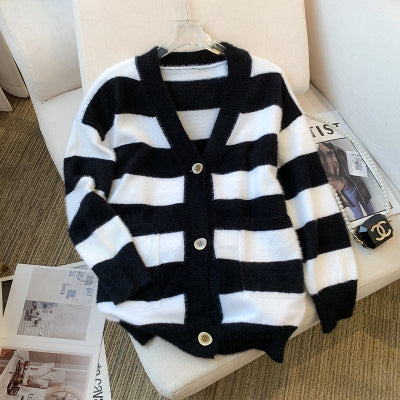 New Autumn Korean Style Striped Faux Mink Fleece Coat Knitwear