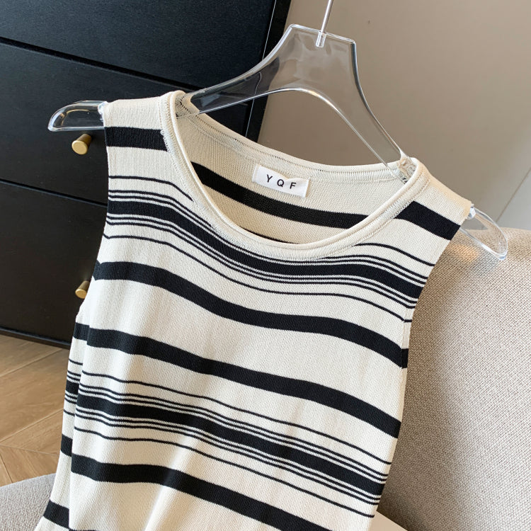 Korean style striped sleeveless vest dress knit dress long dress